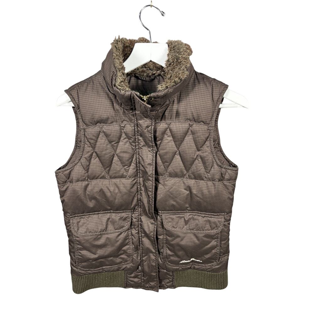 Women's Small Eddie Bauer Premium Goose Down Vest Puffer Quilted Faux Fur Trim